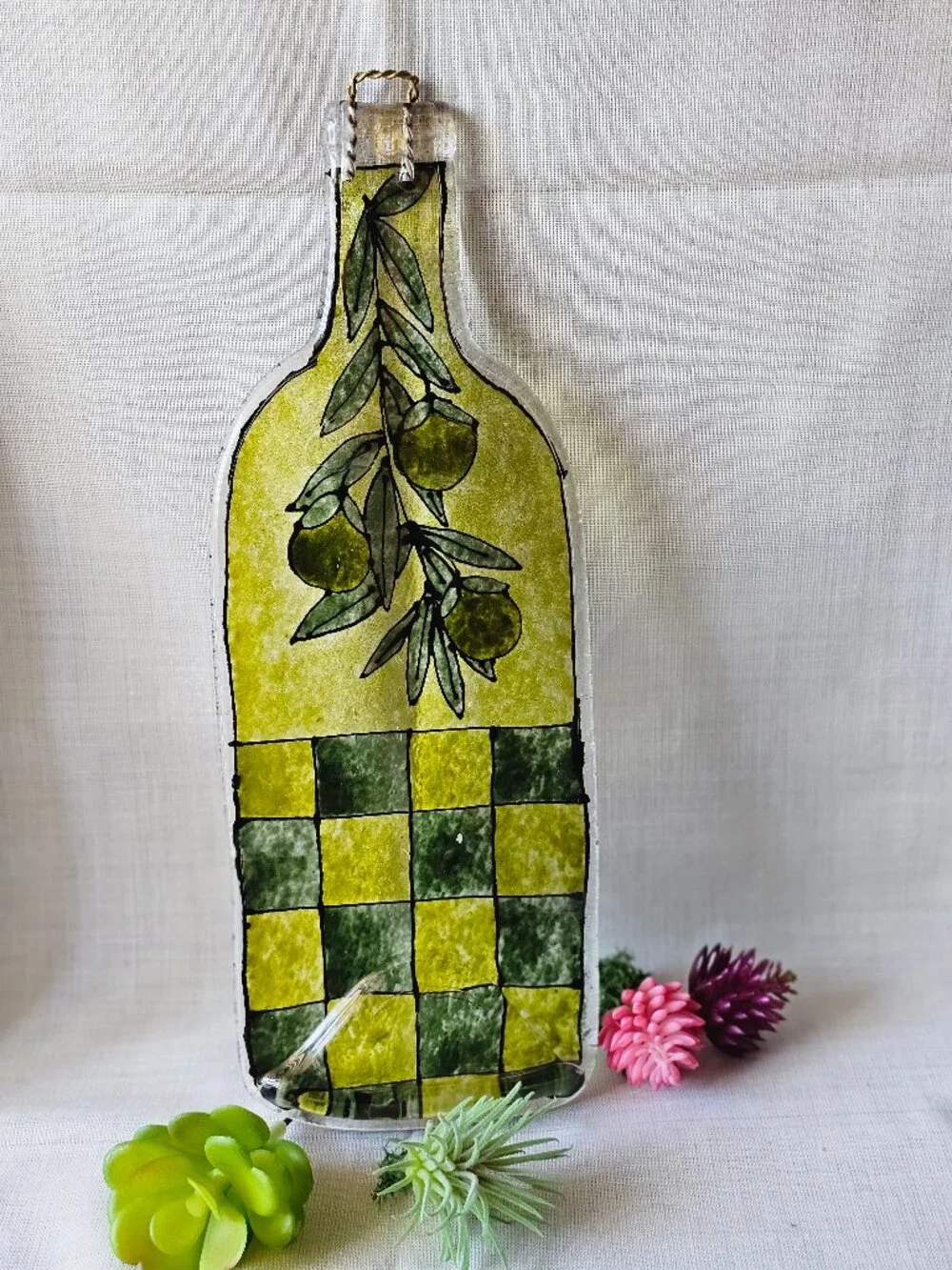 Flat Wine Glass Green Bottle Cheese / Olive Tray / appetizer Server / Decor